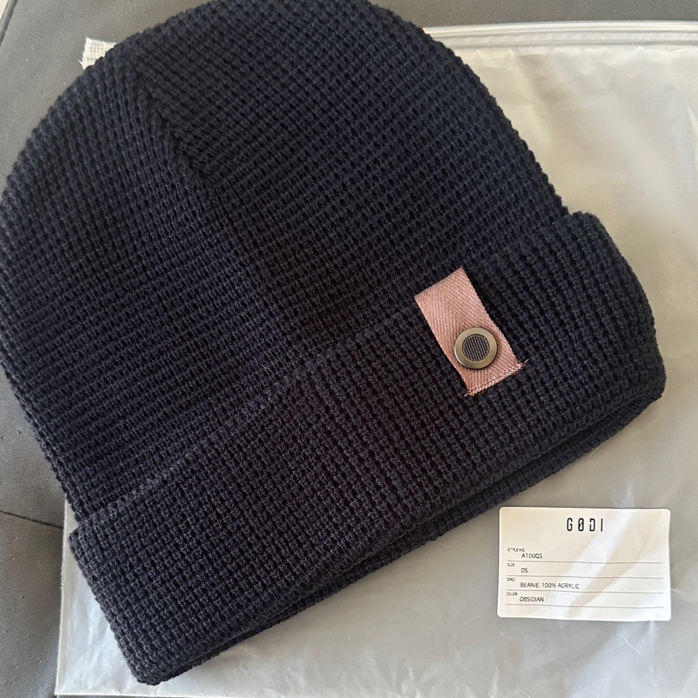 Men's Black Waffle Knit Beanie with Brown Tab Accent